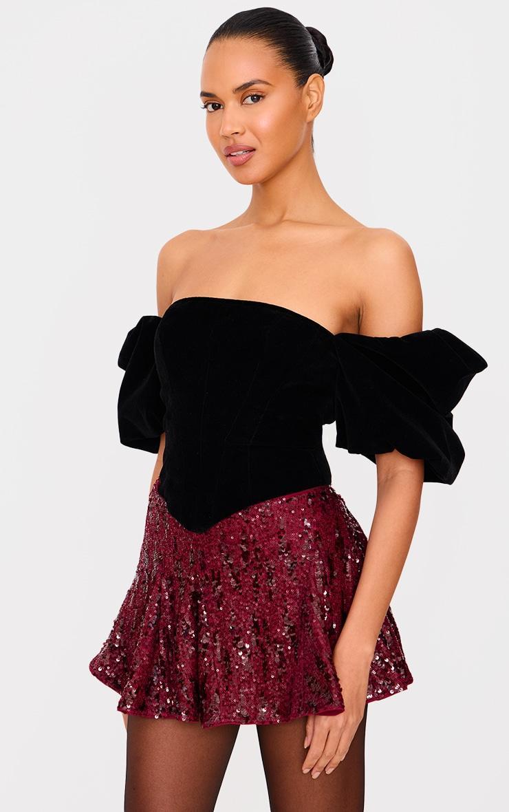 Burgundy Premium Extreme Sequin Pleated Skater Skirt Product Image