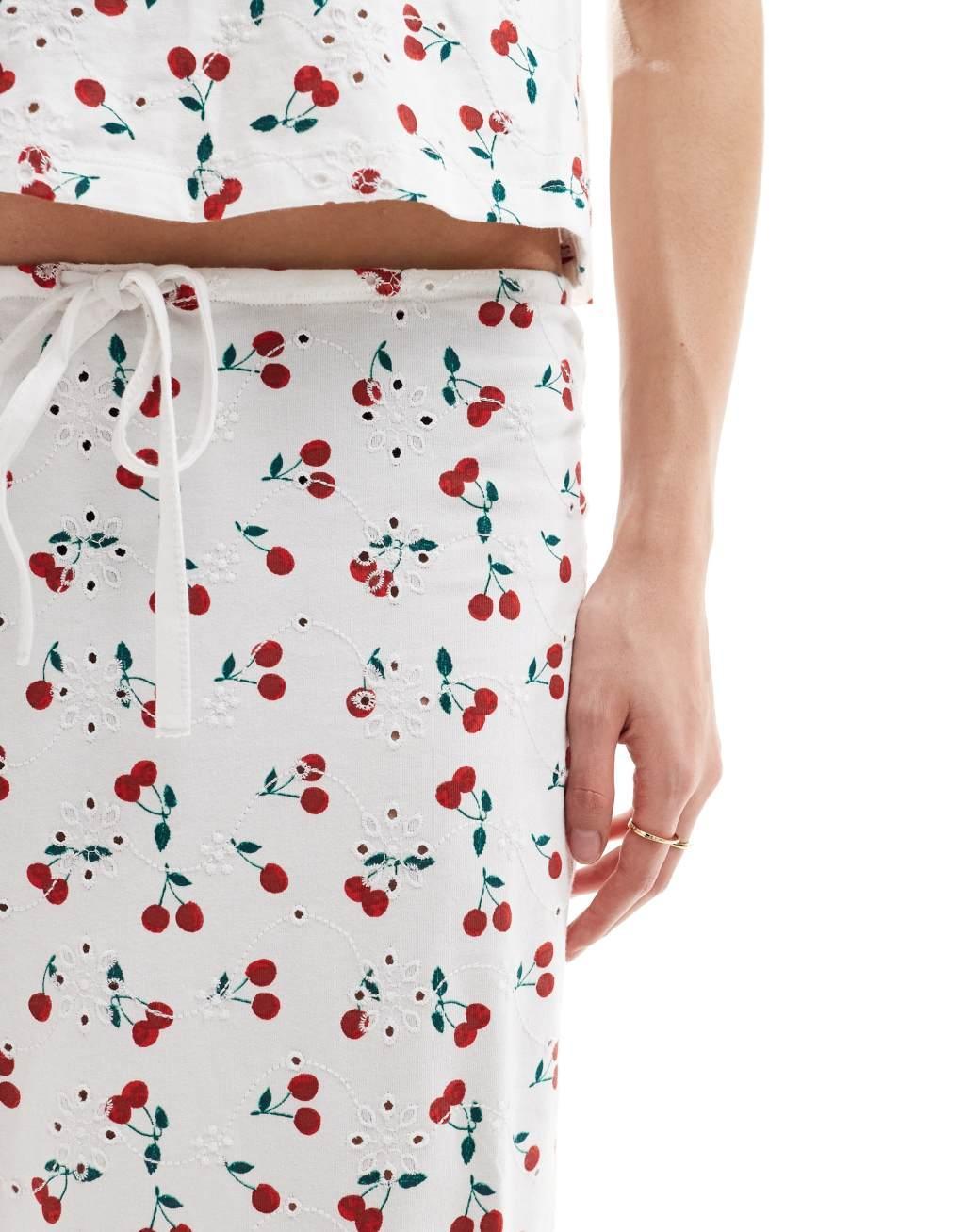 ASOS DESIGN broderie column skirt with tie in cherry print Product Image