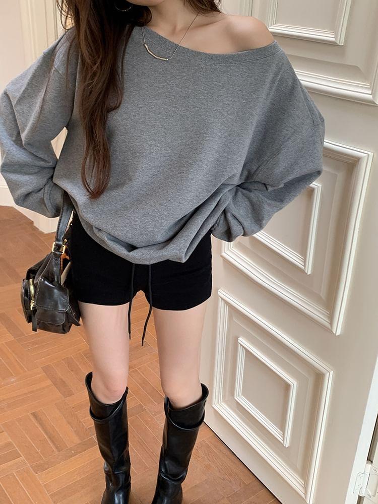 One-Shoulder Plain Oversized Pullover Product Image