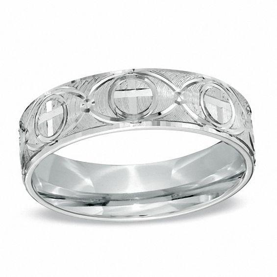 Men's 6.0mm Comfort Fit Cross Wedding Band in Sterling Silver Product Image