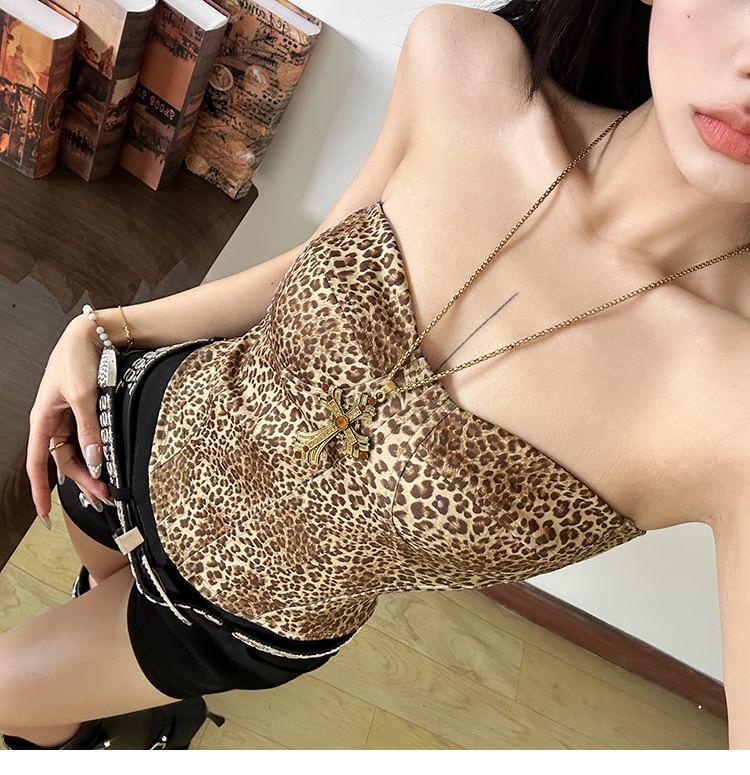 Leopard Print Asymmetrical Halter Top Product Image