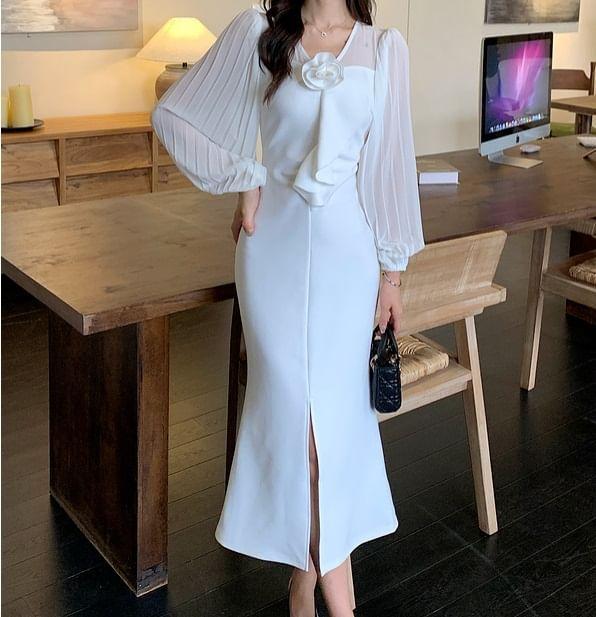 Long-Sleeve V-Neck Plain Flower Accent Slit Midi Sheath Dress Product Image