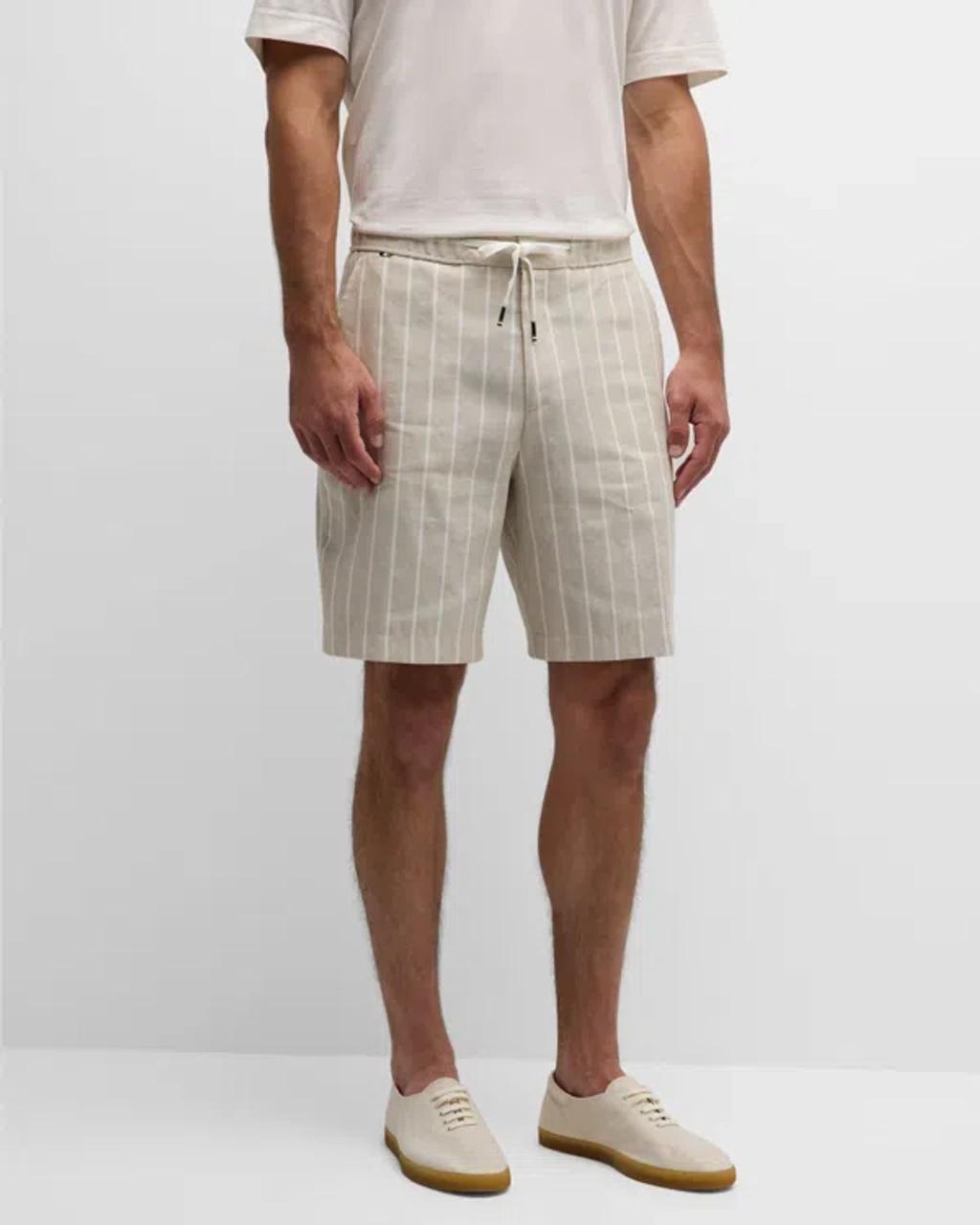 C-perin-ds-s-242 Linen & Cotton Stripe Relaxed Fit 9 Shorts In Beige/khaki Product Image