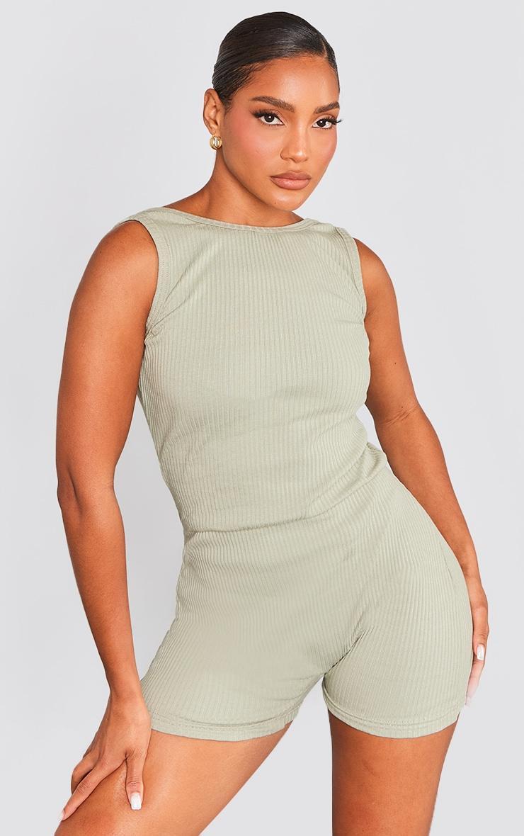 Sage Green Thick Rib Sleeveless Backless Unitard Product Image