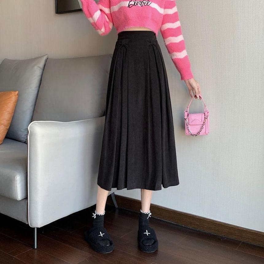 High Rise Plain Accordion Pleated Midi A-Line Skirt Product Image