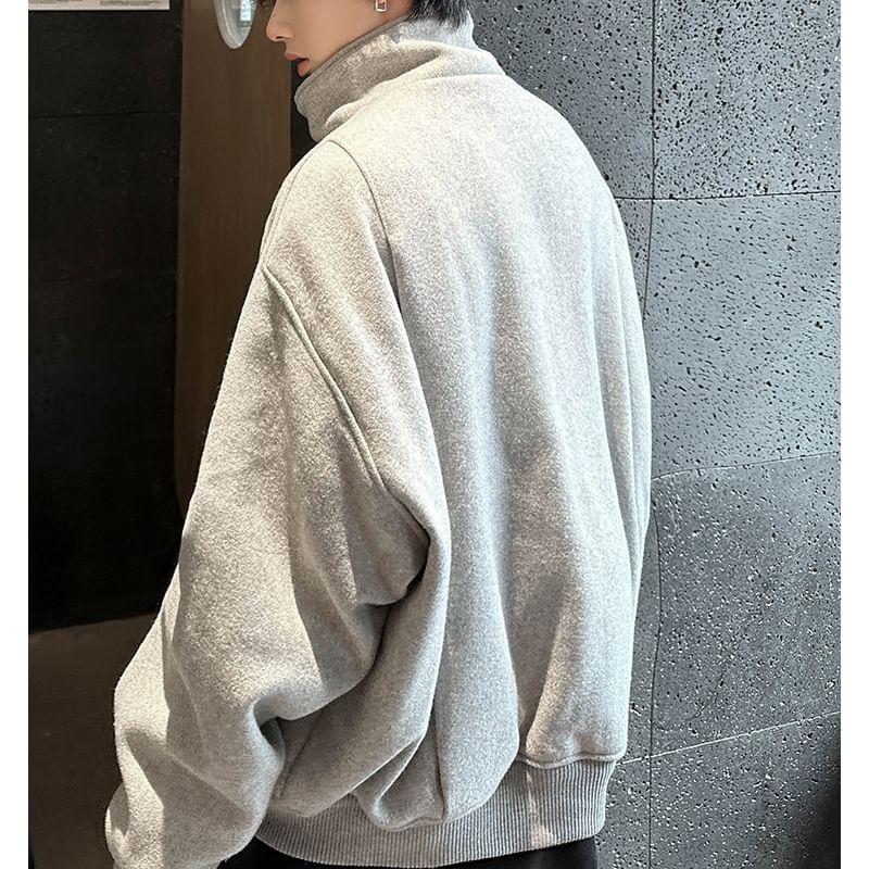 Stand Collar Plain Oversized Zip Up Jacket Product Image