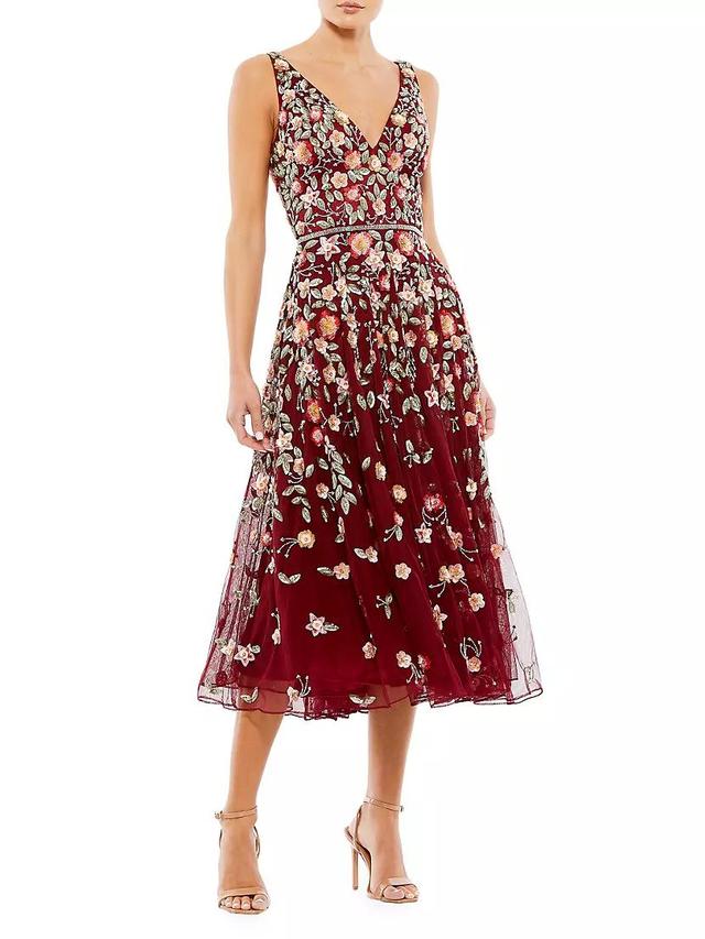 Cocktail Floral Embroidered V-Neck Midi-Dress Product Image