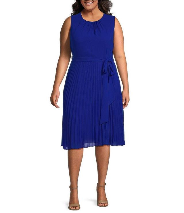 Jessica Howard Plus Size Sleeveless Crew Neck Tie Waist Pleated Midi Dress Product Image