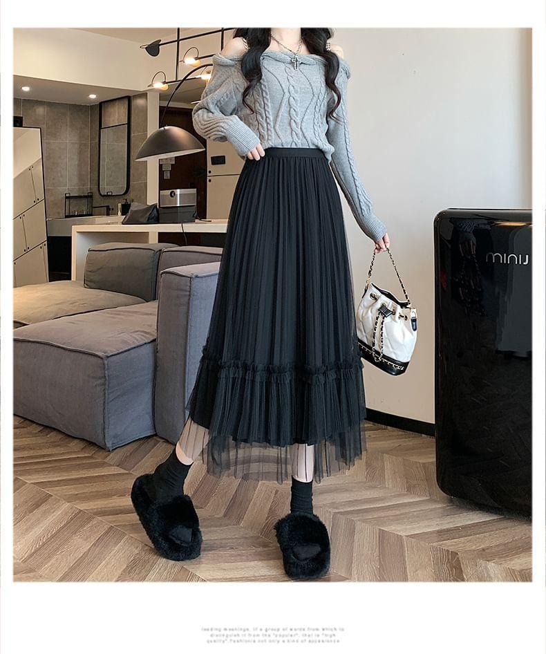 High Waist Plain Ruffle Accordion Pleated Mesh Midi A-Line Skirt Product Image