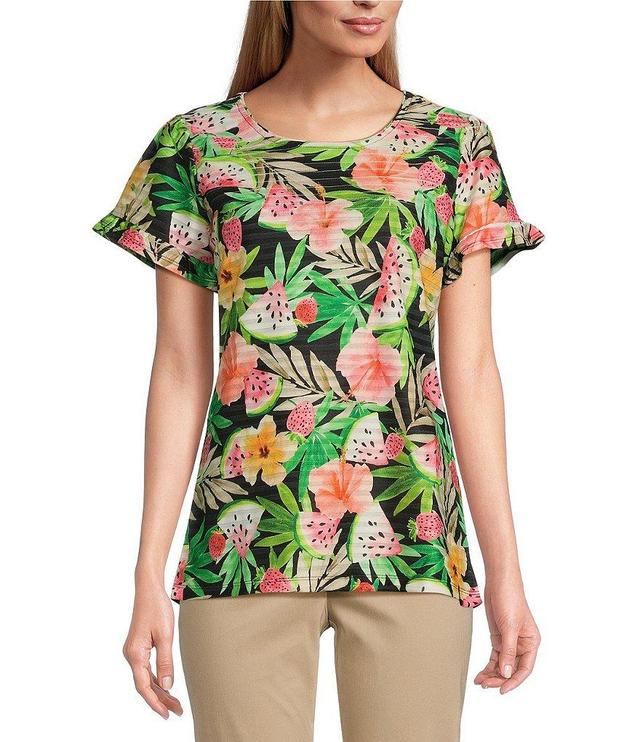 Allison Daley Tropical Fruit Print Short Ruffle Sleeve Crew Neck Knit Top Product Image