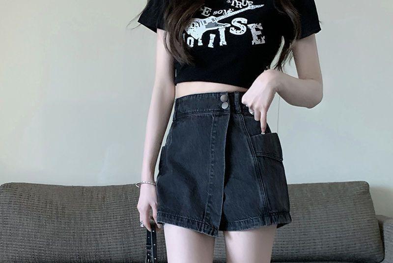 High Waist Washed Denim Skort / Belt / Set Product Image