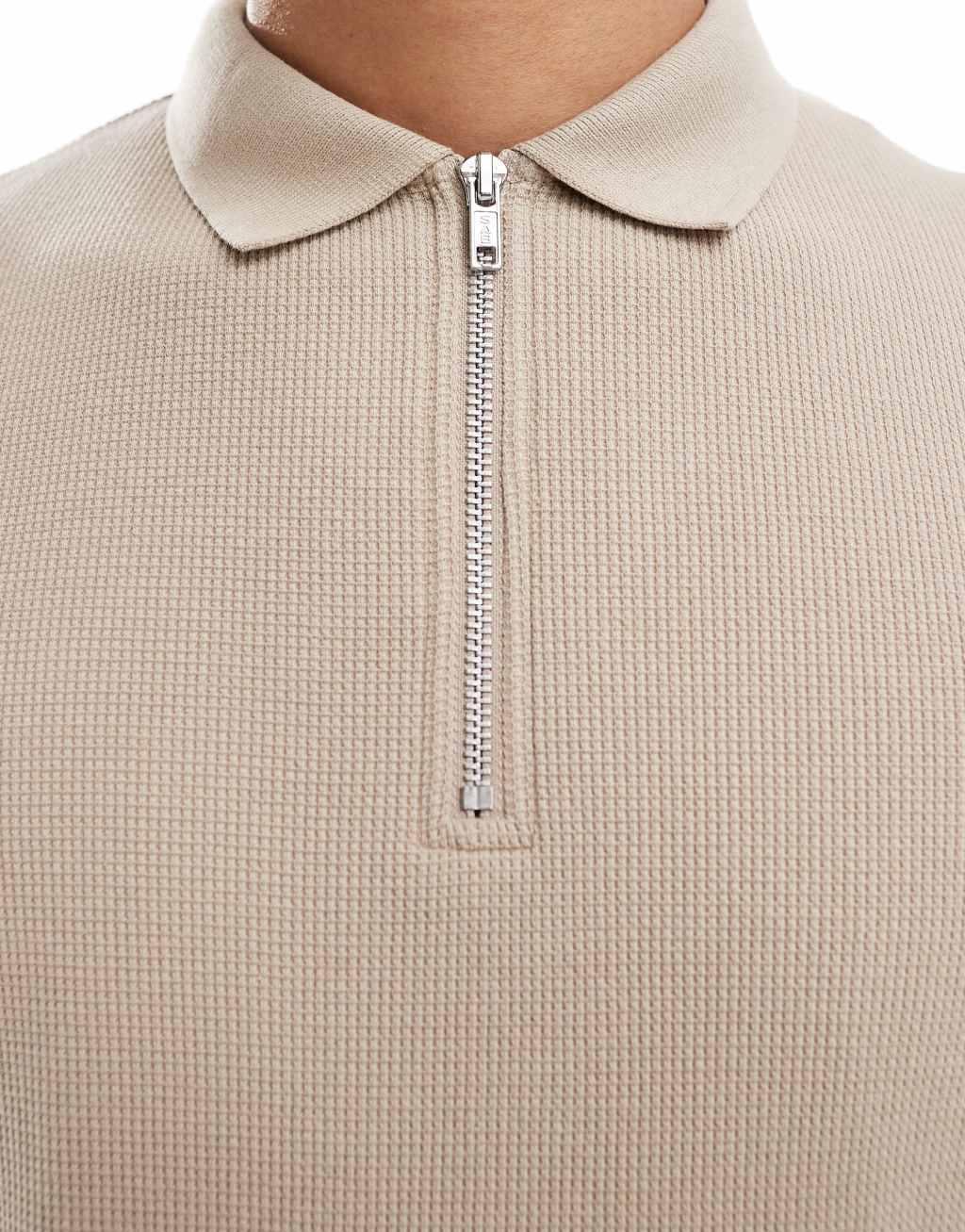 ASOS DESIGN waffle long sleeve polo with zip in stone Product Image