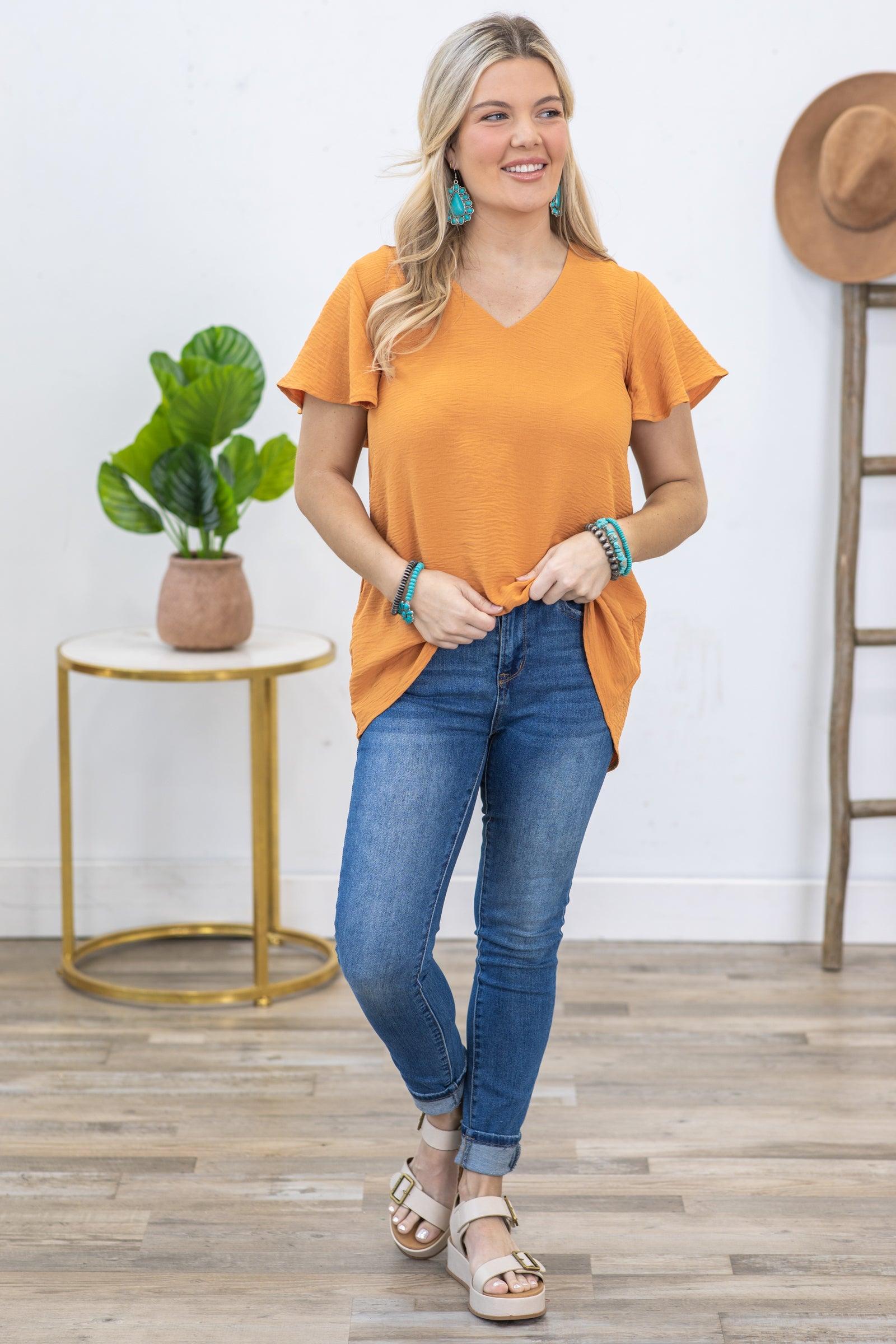 Orange Woven Airflow Flutter Sleeve Top Product Image