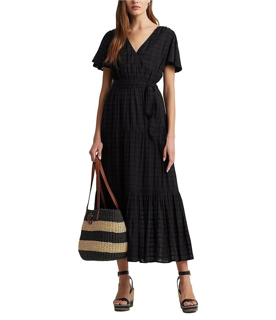 Lauren Ralph Lauren Shadow Gingham Surplice V-Neck Short Sleeve Tie Front Midi Dress Product Image