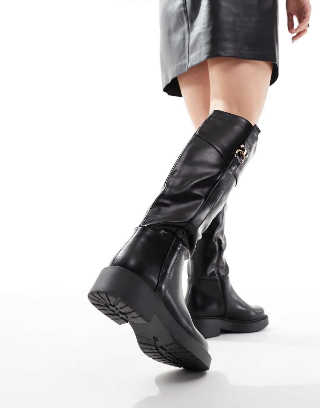 SEQWL Wide Fit knee high flat riding boots in black Product Image