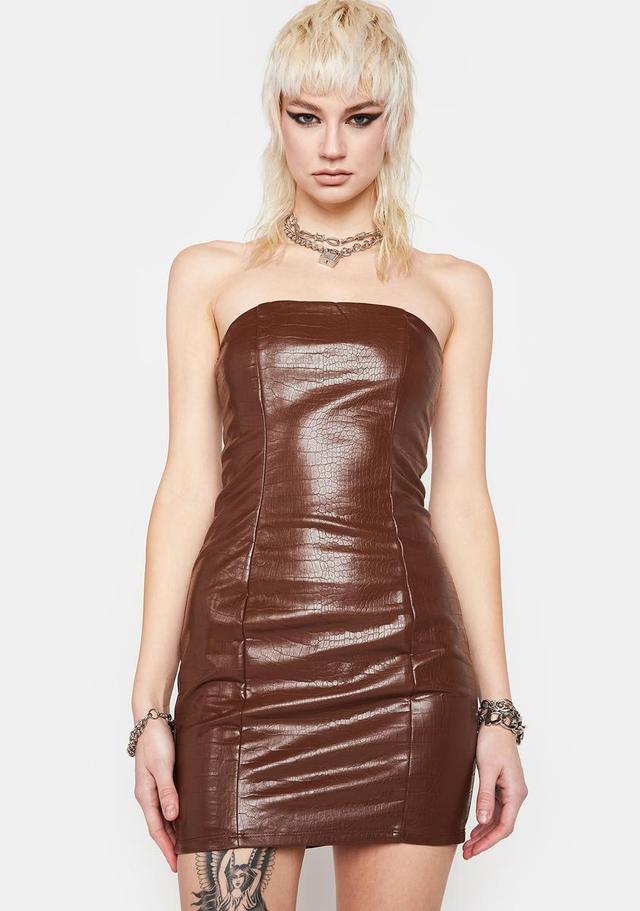 Strapless Vegan Leather Croc Texture Mini Dress - Brown Product Image