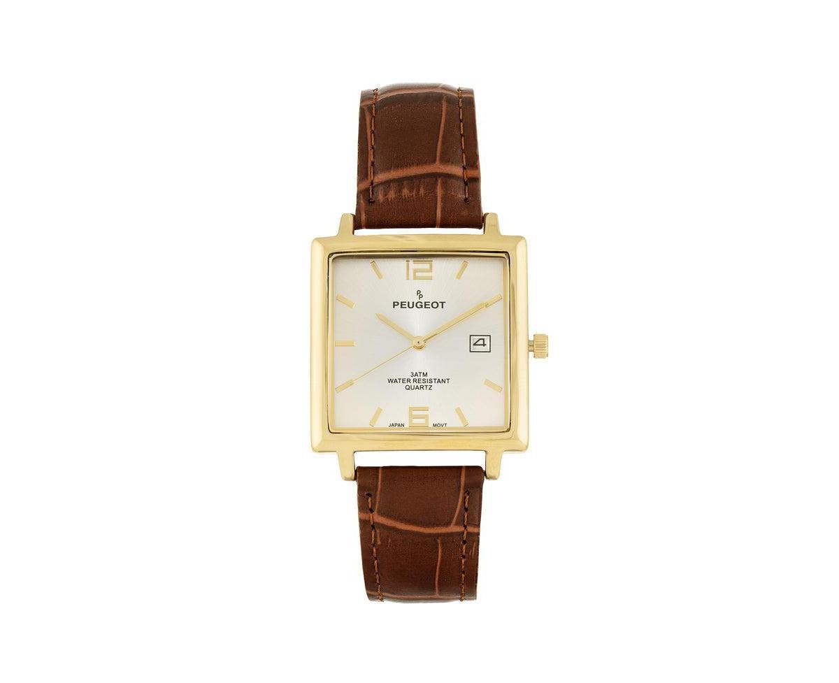 Peugeot Mens 35mm 14K Gold Plated Square Watch leather Strap - Brown Product Image