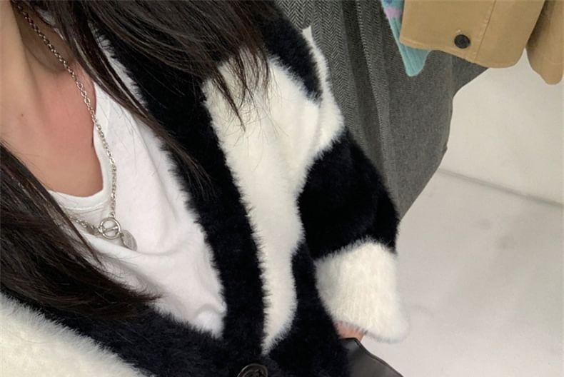 V-Neck Two Tone Fluffy Cardigan Product Image