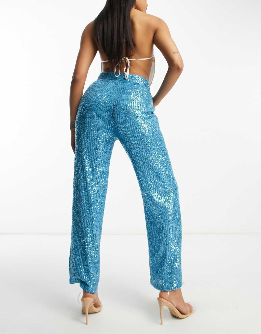 ASOS DESIGN Hourglass straight sequin ankle grazer pants in turquoise Product Image