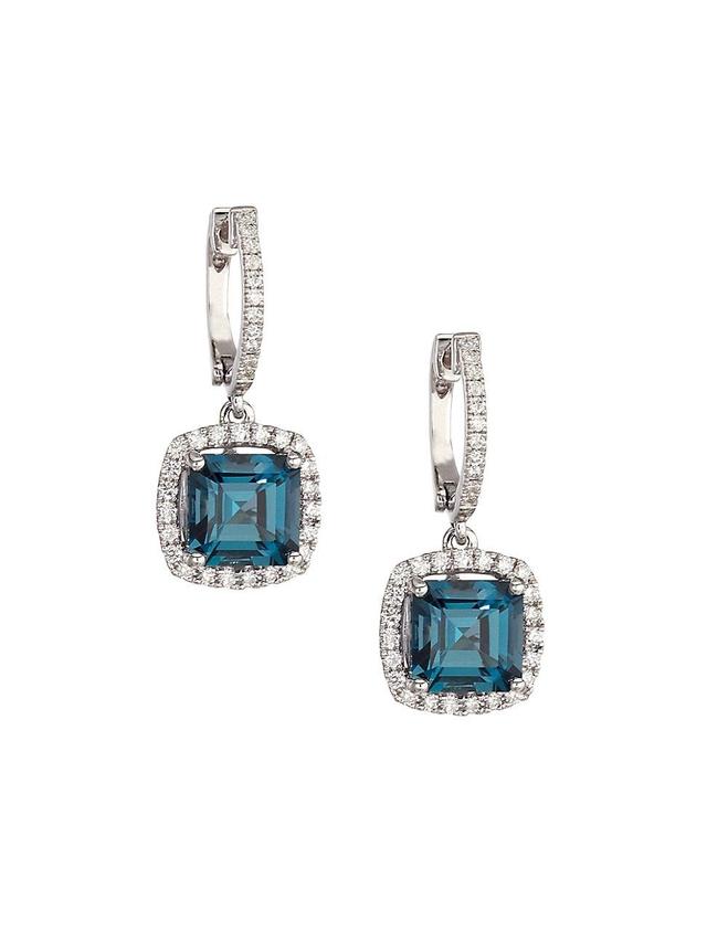 Womens 14K White Gold, London Blue Topaz & Diamond Cushion Drop Earrings Product Image