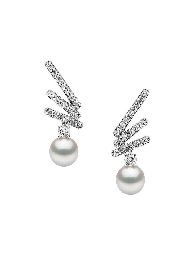 Womens Sleek 18K White Gold, 5-5.5MM Akoya Pearl & Diamond Drop Earrings Product Image