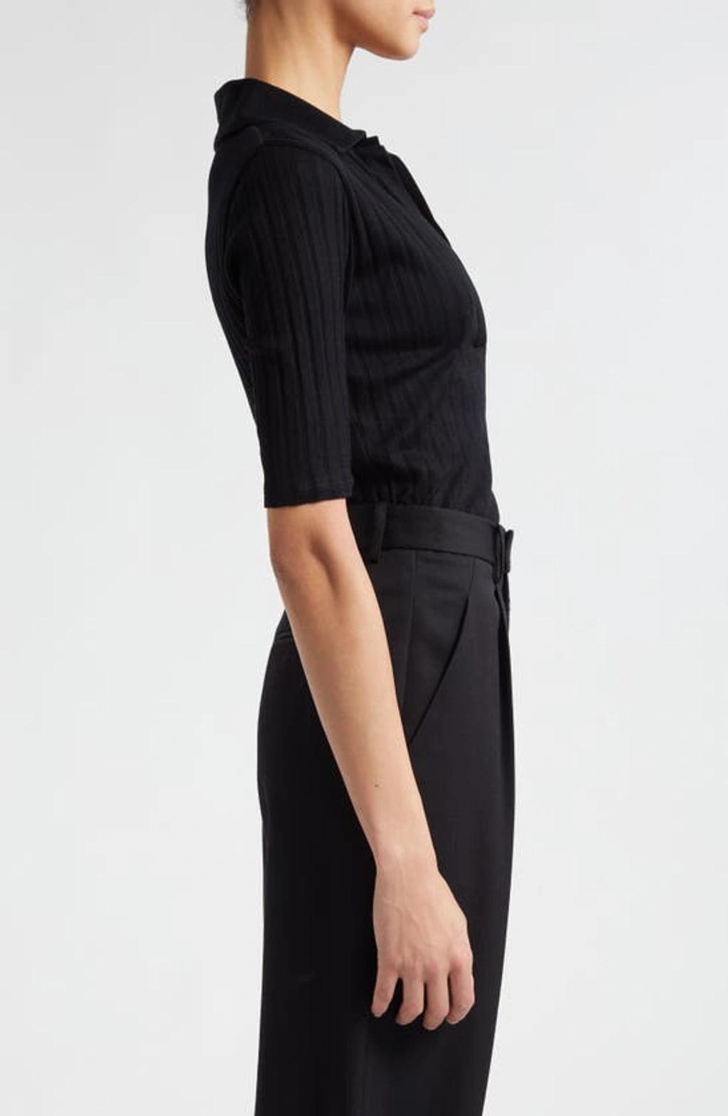 Elbow-sleeve Silk Rib Polo Shirt In Black Product Image