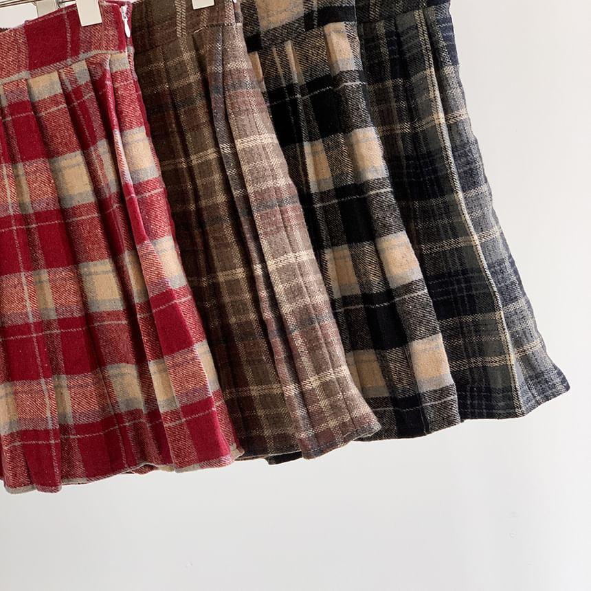 High Waist Plaid Pleated Mini A-Line Skirt Product Image