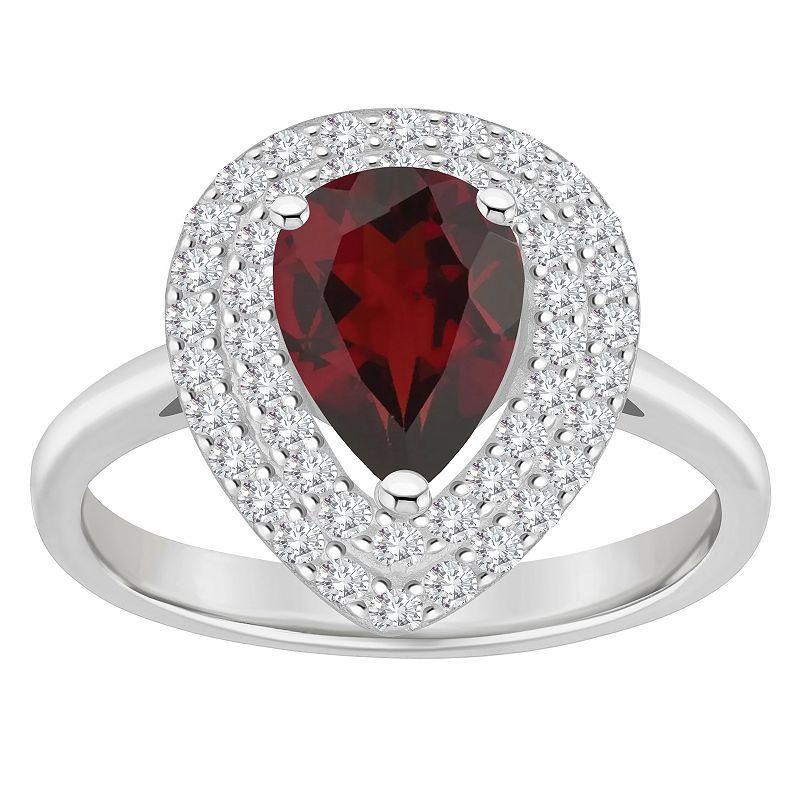 Celebration Gems Sterling Silver Teardrop Garnet & White Topaz Double Halo Ring, Womens Red Product Image