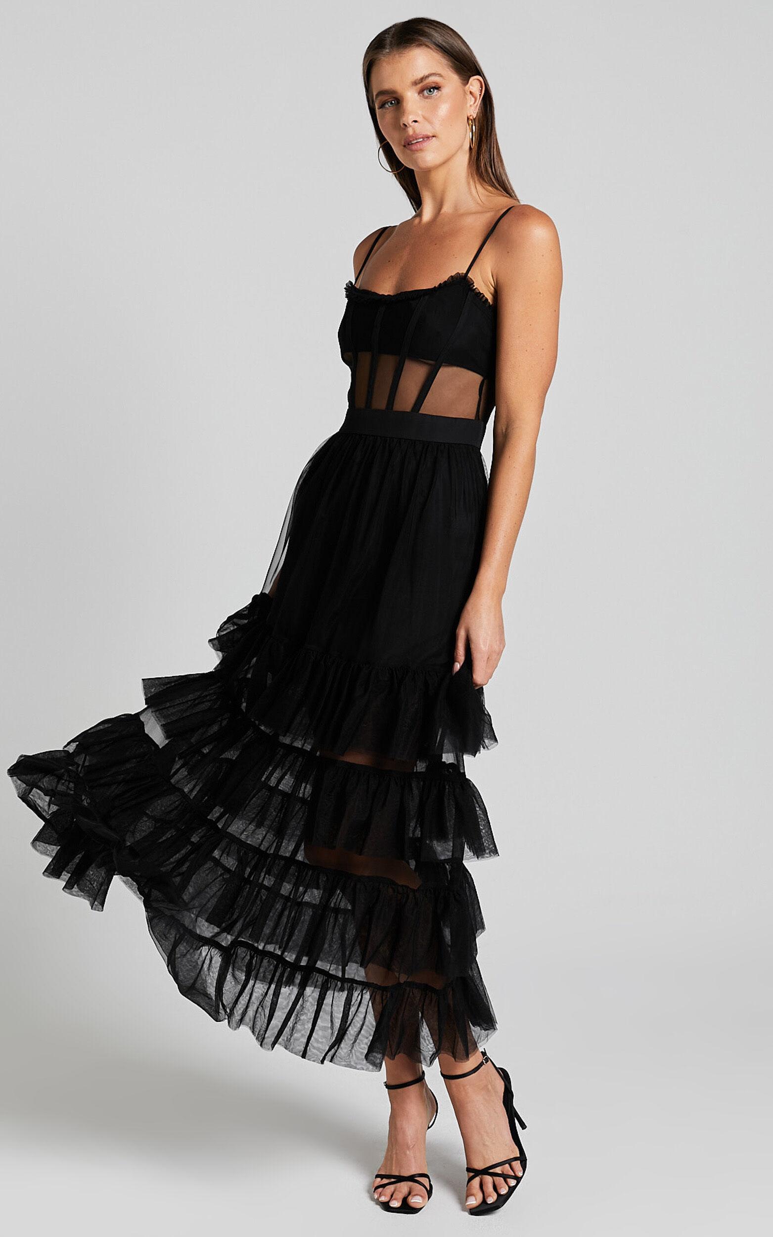 Evelynn Maxi Dress - Sweetheart Corset Bodice Fit & Flare Tiered in Black product image