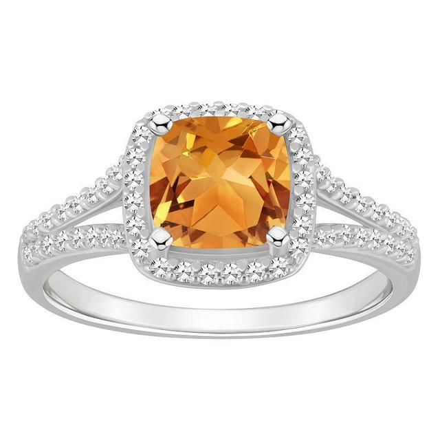 Celebration Gems Sterling Silver 7 mm Cushion Gemstone & 1/4 Carat T.W. Diamond Split Shank Ring, Womens Citrine Product Image