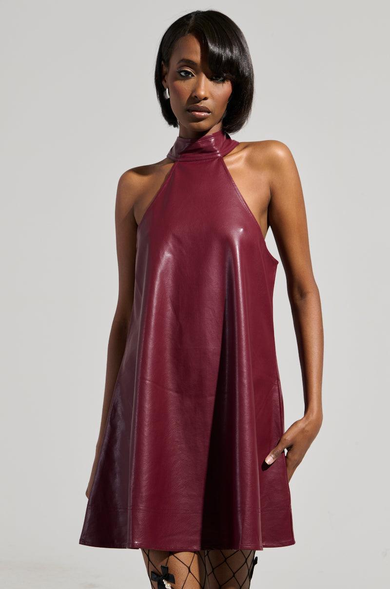 TAKE IT EASY PU MINI DRESS IN BURGUNDY Product Image