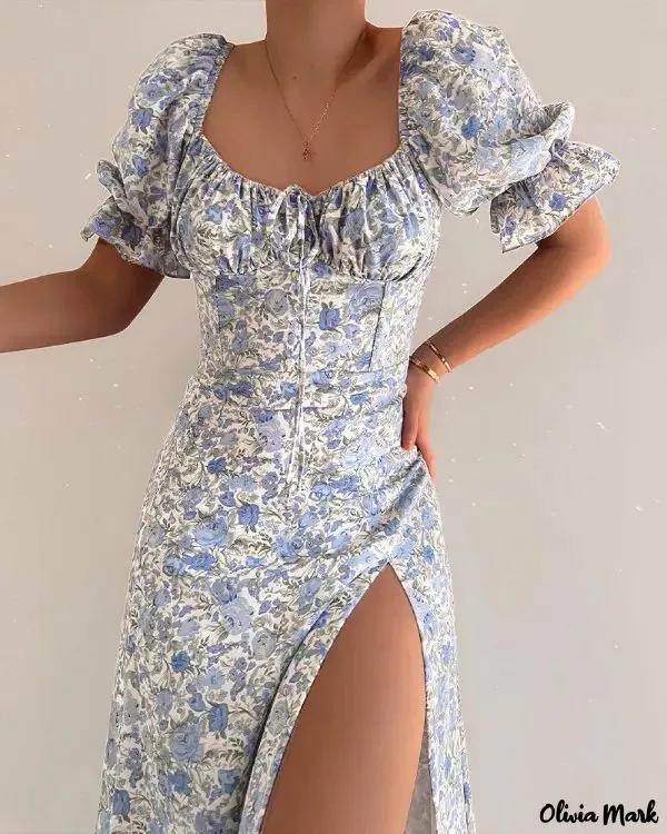 Olivia Mark – Floral print dress with puff sleeves and high slit on the bust Product Image