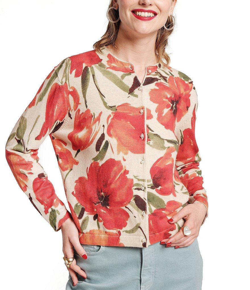 FRANCES VALENTINE Darling Cotton Cashmere Floral Print Crew Neck Long Sleeve Pearl Button Front Cardigan Product Image