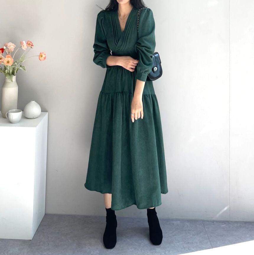 Long Sleeve V-Neck Plain Pintuck Panel Midi A-Line Dress Product Image