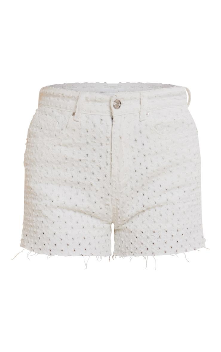 Off White Textured Denim Shorts Product Image