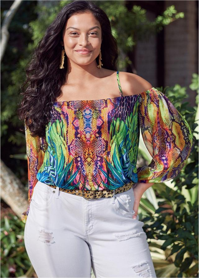 Printed Cold-Shoulder Top - Teal Multi Product Image