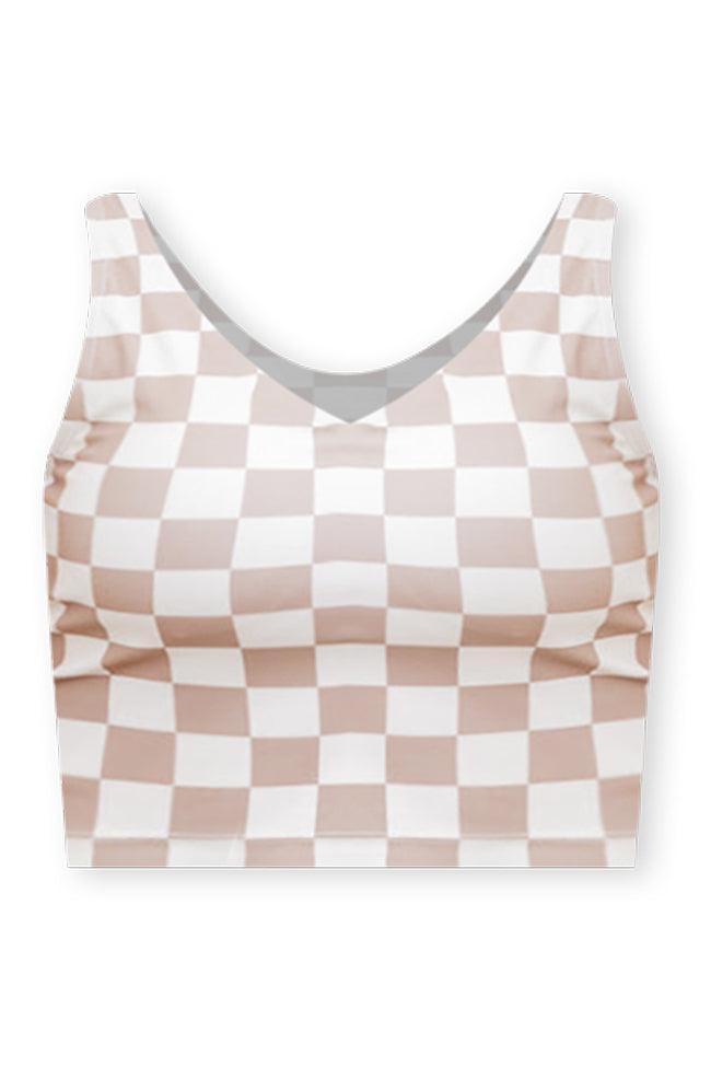 Miles Ahead Cropped Beige Checkered V-neck Tank Bra Top Product Image