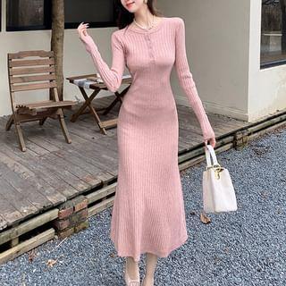 Long Sleeve Henley Plain Ribbed Knit Midi A-Line Dress product image