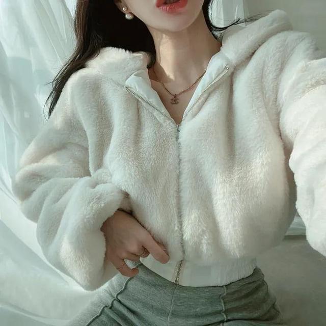 Plain Hooded Fleece Crop Zip Jacket Product Image