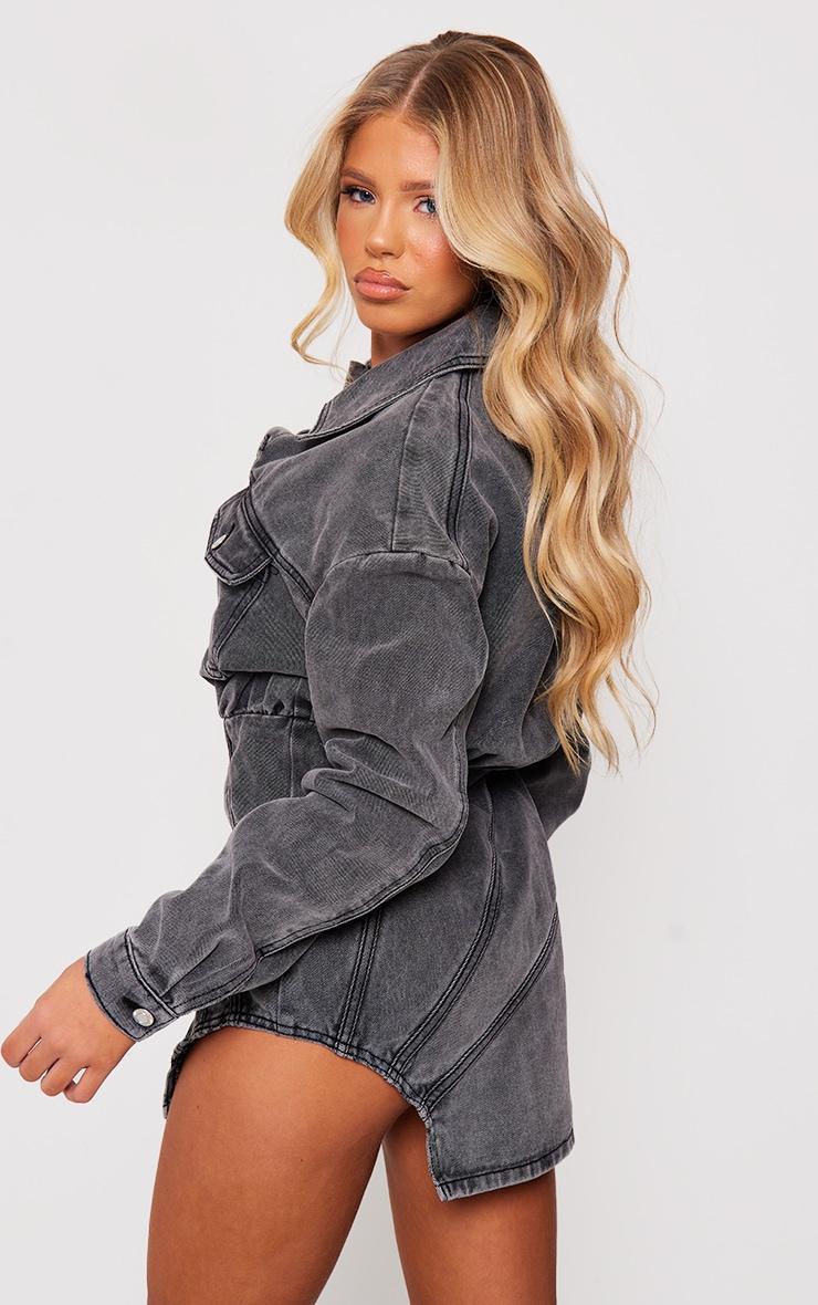 Washed Grey Seam Detail Curved Hem Denim Mini Dress Product Image