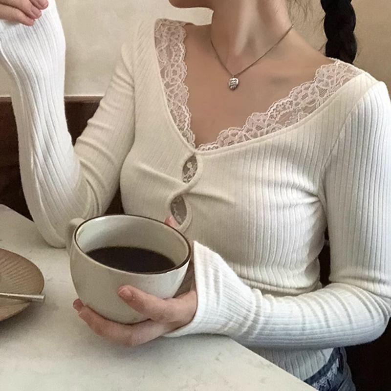 Long-Sleeve V-Neck Lace Trim Ribbed T-Shirt Product Image