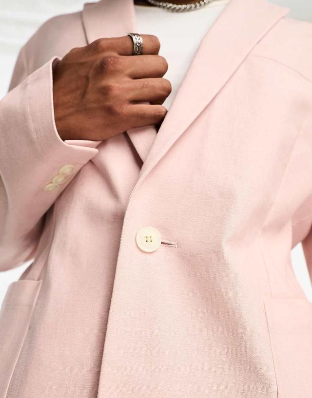 ASOS DESIGN skinny linen mix suit jacket in pink Product Image