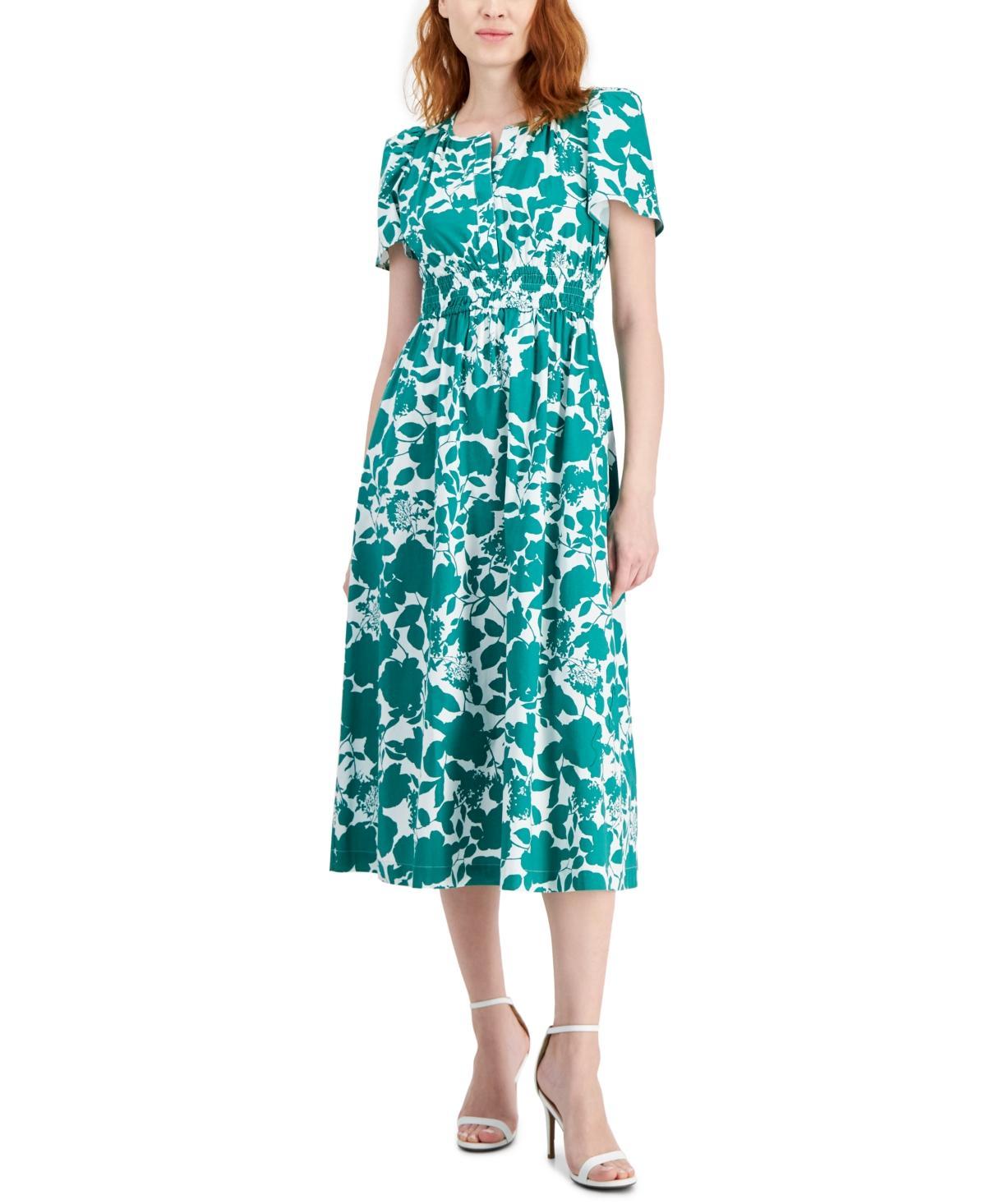 Anne Klein Womens Printed Split-Neck Short-Sleeve Midi Dress - Green Product Image