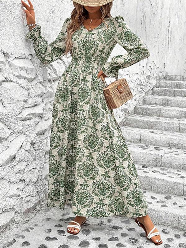 Loose Puff Sleeves Elasticity Printed Split-Joint V-Neck Maxi Dresses Product Image