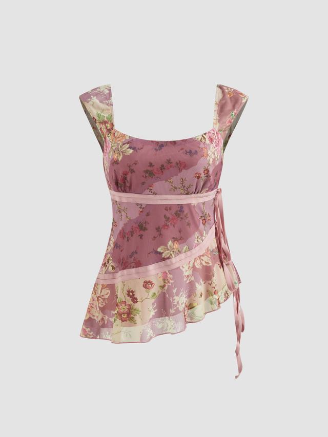 Mesh U-neckline Floral Asymmetrical Ruffle Trim Knotted Tank Top Product Image