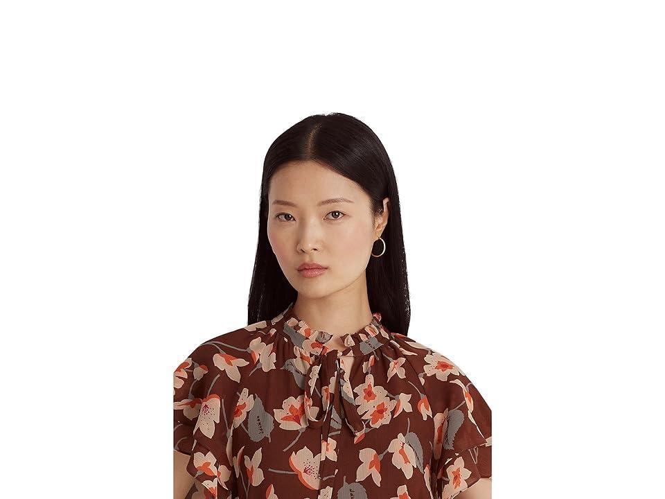 Lauren Ralph Lauren Floral Crinkle Georgette Tie Neck Blouse (Maroon/Orange/Cream) Women's Clothing Product Image