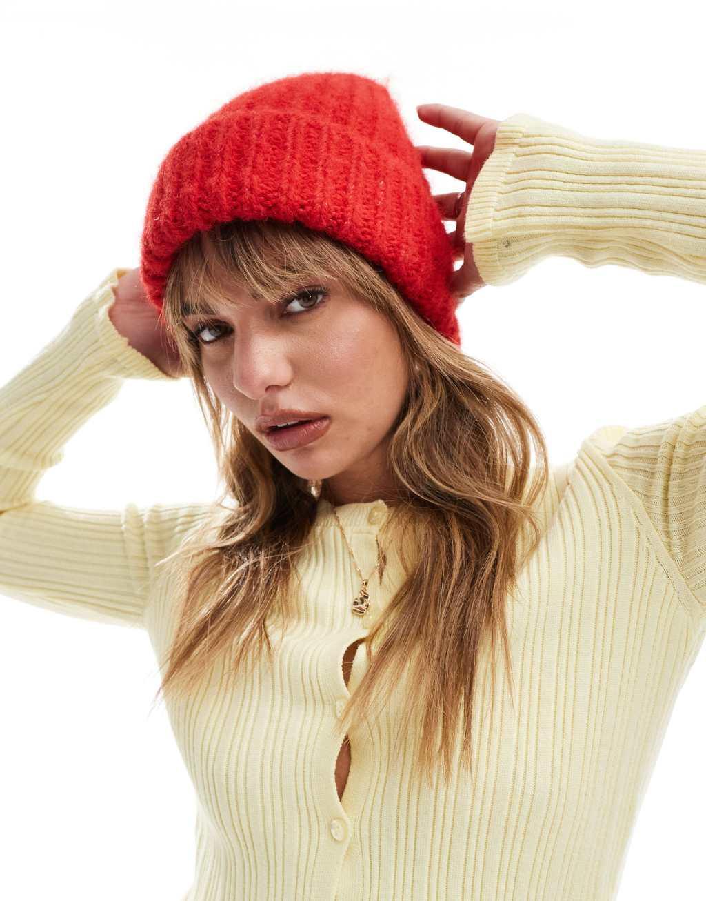 ASOS DESIGN chunky double roll fluffy beanie in red Product Image