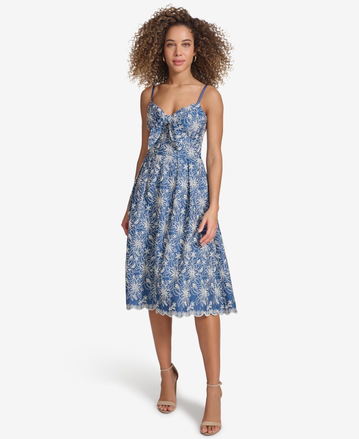 Women's Embroidered Denim Knot-Front Midi Dress Product Image