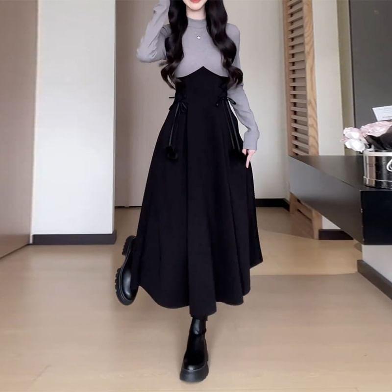 Long Sleeve Mock Neck Two Tone A-Line Midi Dress Product Image