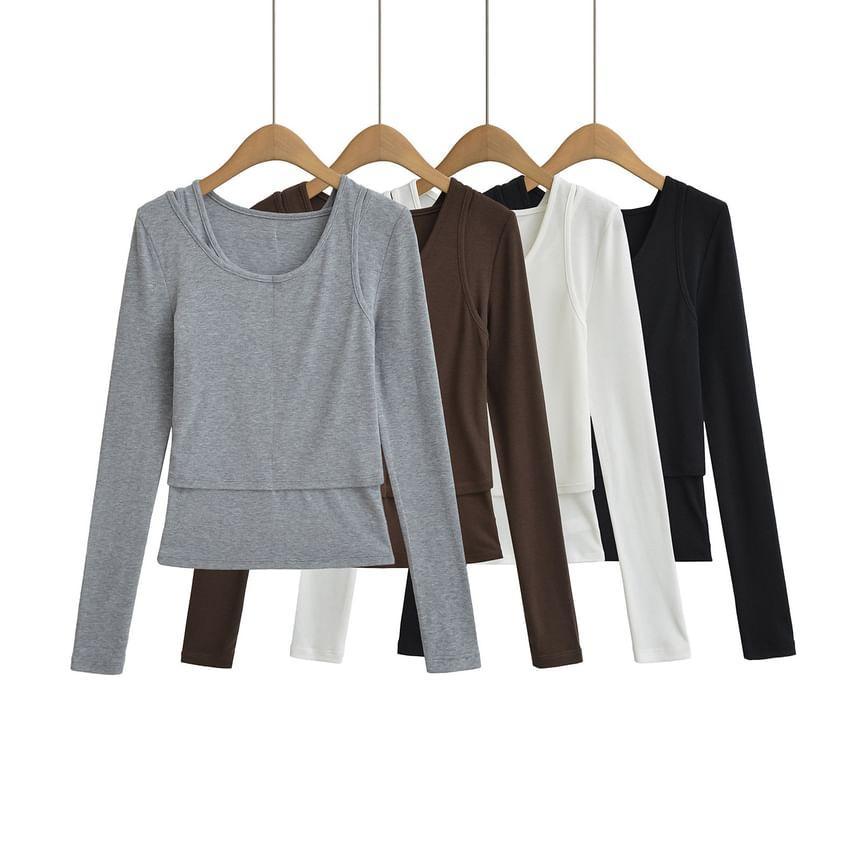 Long Sleeve Cold Shoulder Plain Crop T-Shirt Product Image